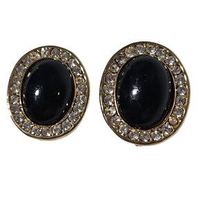 Vintage Black Stone Clip On Earrings Rhinestone Trim Gold Tone Retro 50s 60s